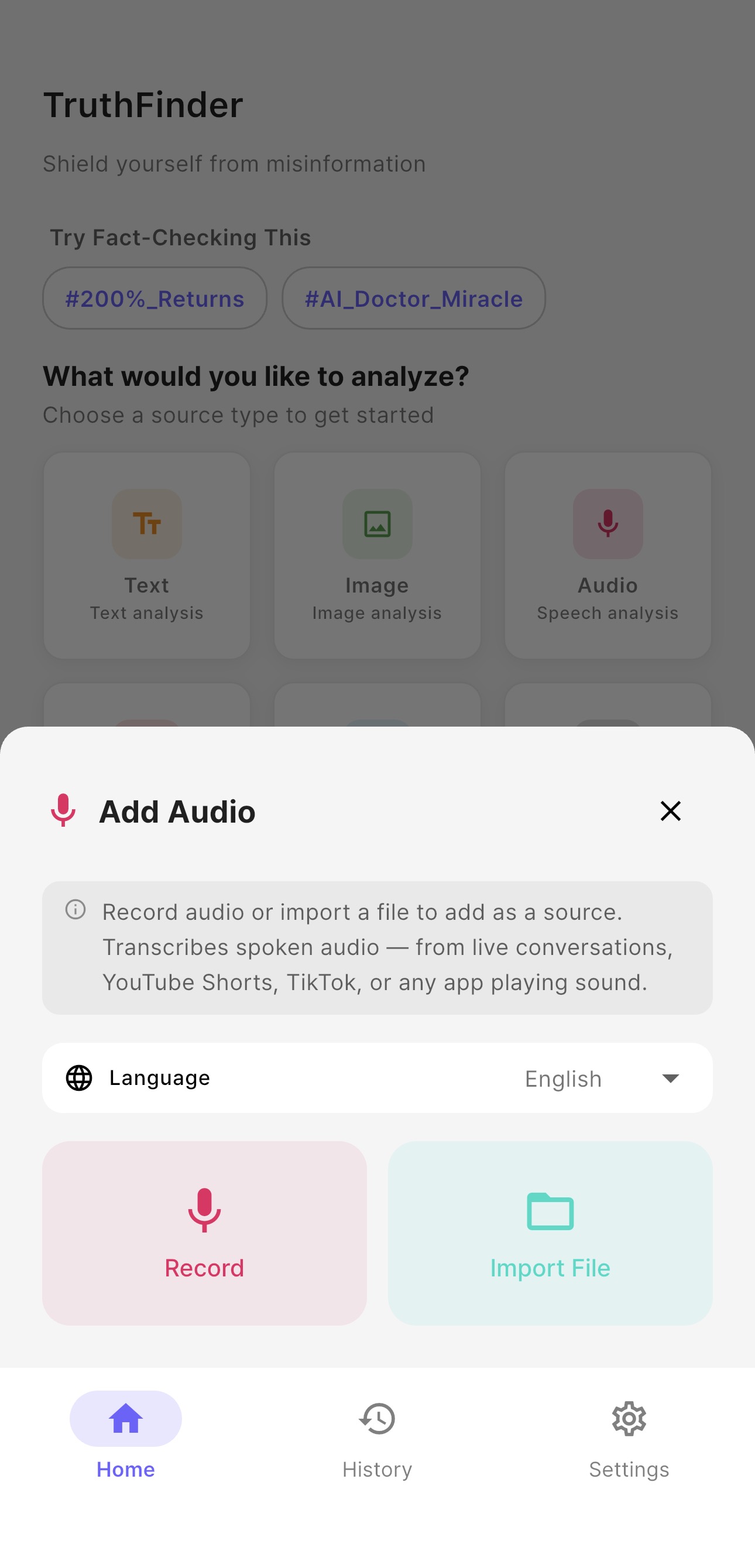 TruthFinder AI audio analysis screen